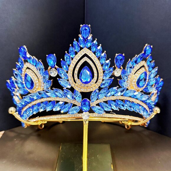 Quinceanera Crown, Blue Rhinestone Crown, Large Size Crown, Gold Crystal Crown